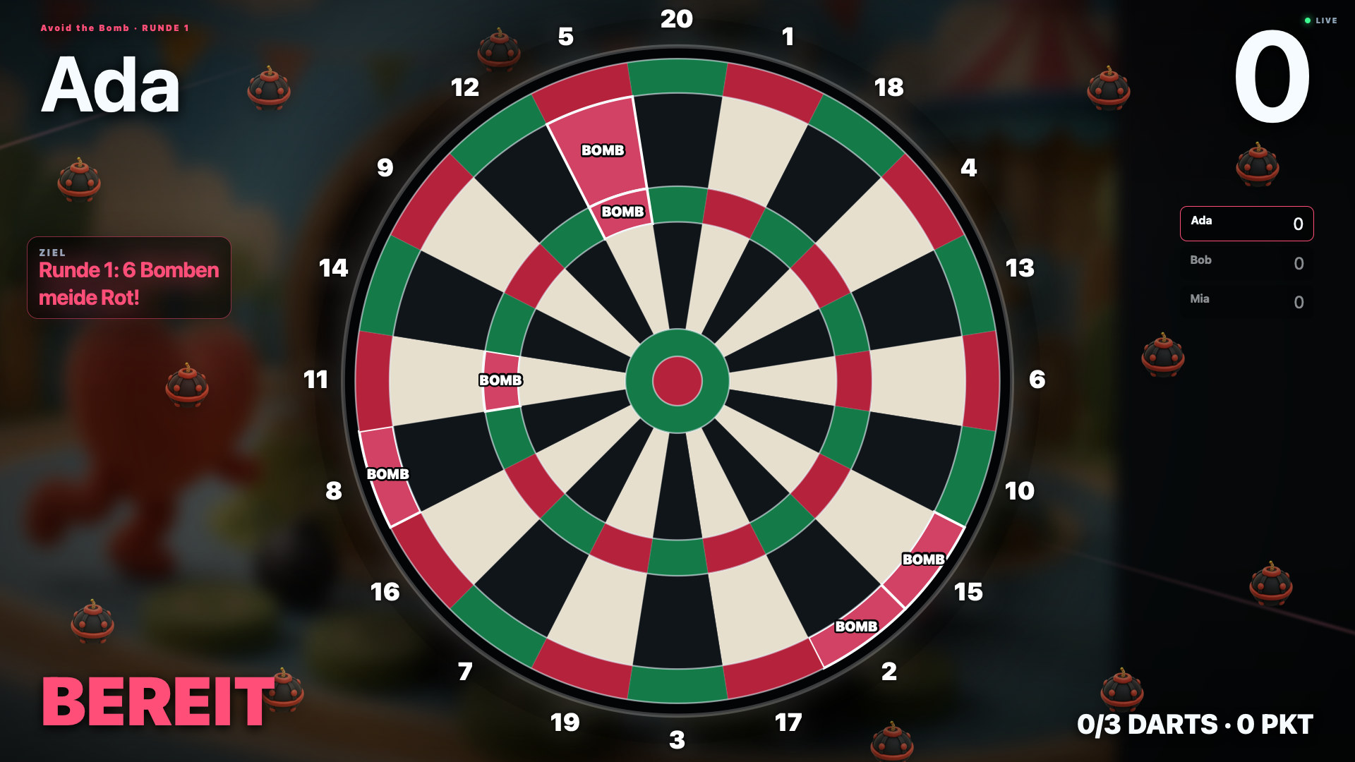 Avoid the Bomb mit roten Bombenfeldern auf dem Dartboard.