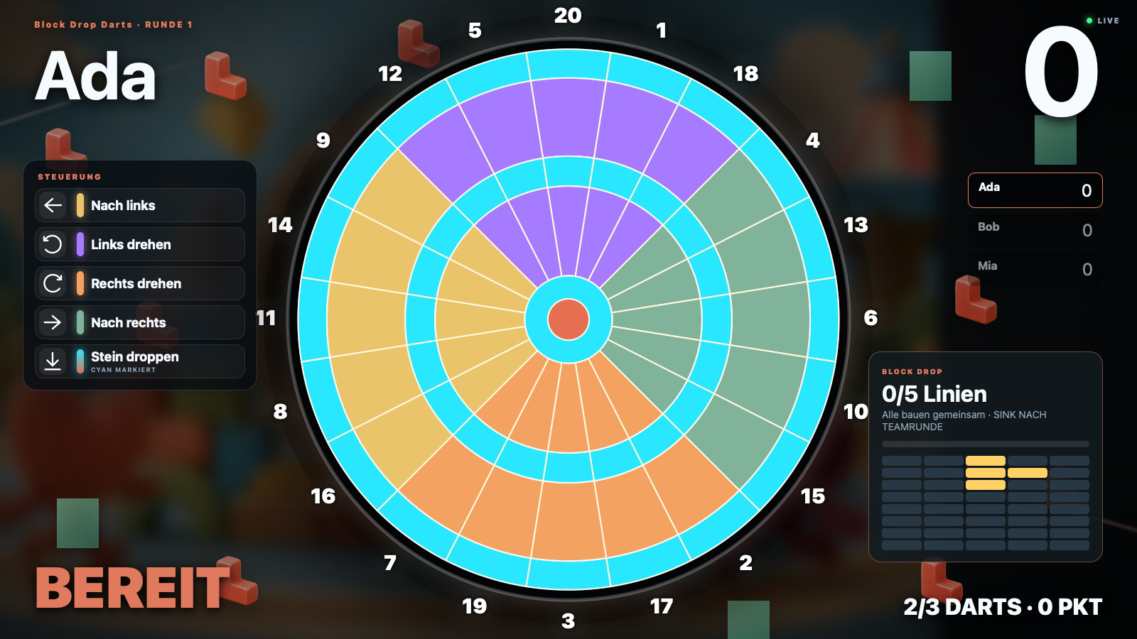 Block Drop Darts mit vier farbigen Steuerflächen und Blockraster.